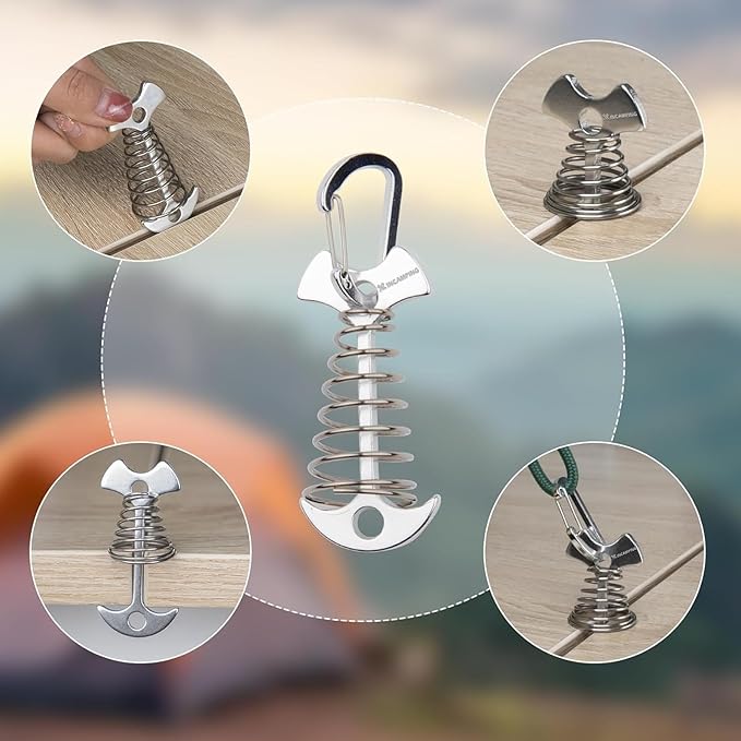 Deck Anchors XINCAMPING 12pcs Aluminum Tent Pegs for Wooden Decks, Windproof Rope Tighteners & Adjusters for Tents, Canopies, Camping Furniture Silver