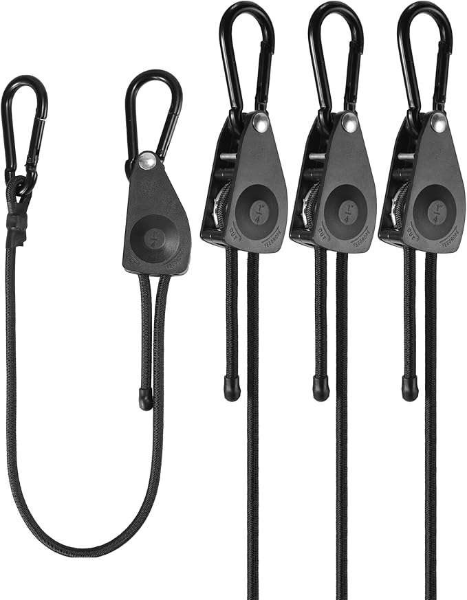 36" Heavy Duty Adjustable Carabiner Bungee Cord with Hooks, Easy to Adjust from 7" to 36", Black Ratchet Bungee Straps with Iron Carabiners & Superior Elasticity for Cargo, Luggage, Carts, etc (4 Pcs)