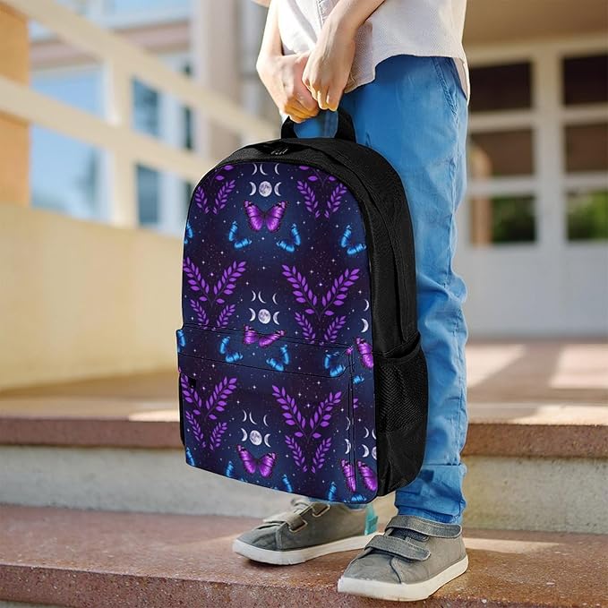 Supdreamc Polyester Daypack Backpack for Climbing Outdoors Running, Big Capacity Multipurpose Anti-Theft Bookbag, Magic Moon Moth Butterfly Mystical Goth Astrology Art Travel Hiking Camping Rucksack