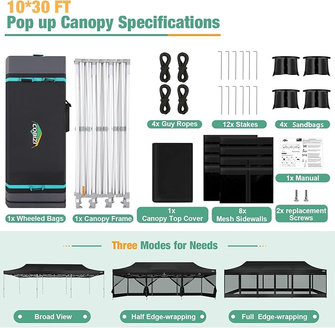 COBIZI 10x30 Canopy Tent, Heavy Duty Pop up Canopy with Sidewalls, Waterproof Easy Setup Canopy with Mosquito Netting, Outdoor Instant Screen Tents for Parties, Wedding with Roller Bag, Black