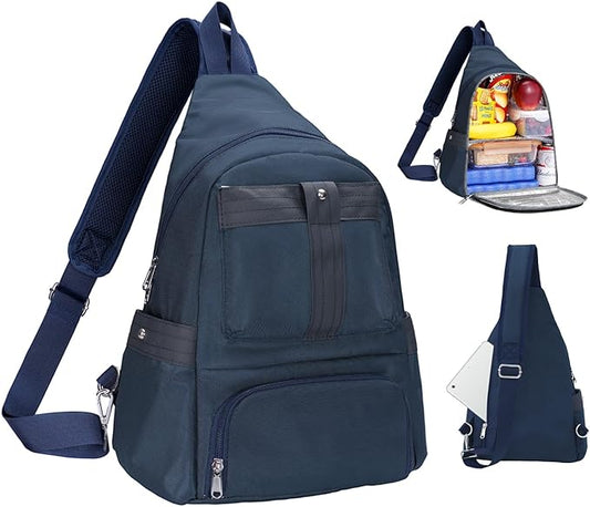 Crossbody Lunch Backpack, Double Deck Insulated Lunch Box for Men Women Adult, Leakproof Lunchbox with Side Pokets for iPad, Large Cooler Bag for Work Office Hiking Beach Picnic, Blue