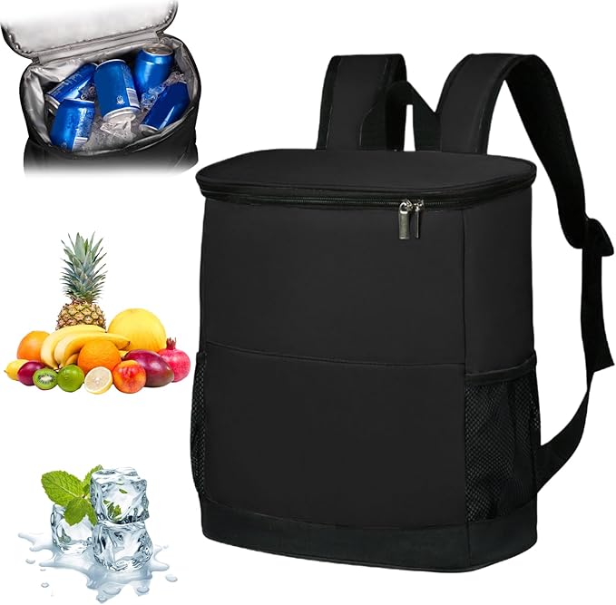 Cooler Backpack Backpack Cooler Large Capacity Cooler Bags Insulated Waterproof ＆ Leakproof Beach Cooler Bag with Side ＆ Front Pocket Cool Bag Rucksack for Camping Beach Hiking Fishing Black