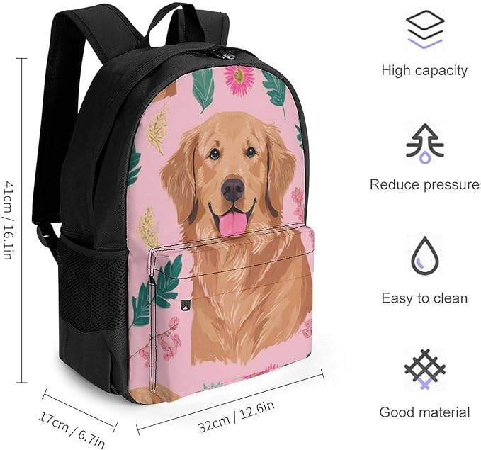 Supdreamc Men Women Lightweight Cute Golden Retriever Dog Pink Casual Daypack Big Capacity Bookbag With Padded Straps for Gym Travel Walking Cycling