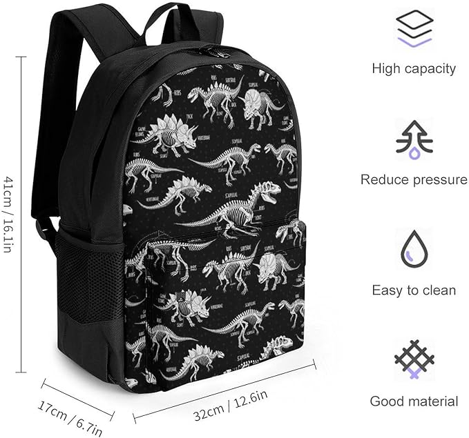 Daypack Backpack Multipurpose Anti-Theft Large Capacity Bookbag, Jurassic Cool Dinosaurs Skull Skeleton Black Travel Hiking Camping Rucksack With Adjustable Shoulder Straps