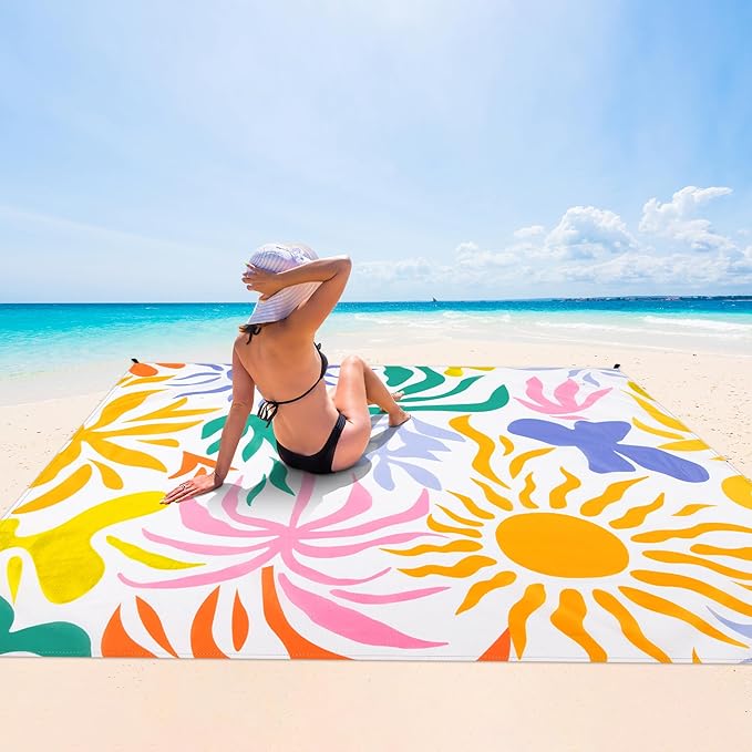 Beach Blanket, Waterproof Sandproof Beach Mat with 4 Stakes & 4 Pockets, 78''×86'' Large Compact Lightweight Sand Free Outdoor Essentials for Beach, Picnic, Travel, Camping