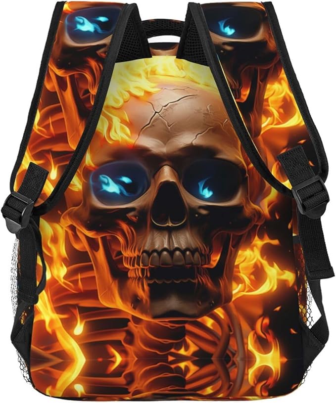 Daypack Backpack Polyester Anti-Theft Multipurpose Skull Flame Fire Art Bookbag Big Capacity Travel Hiking Camping Rucksack With Smooth Zippers