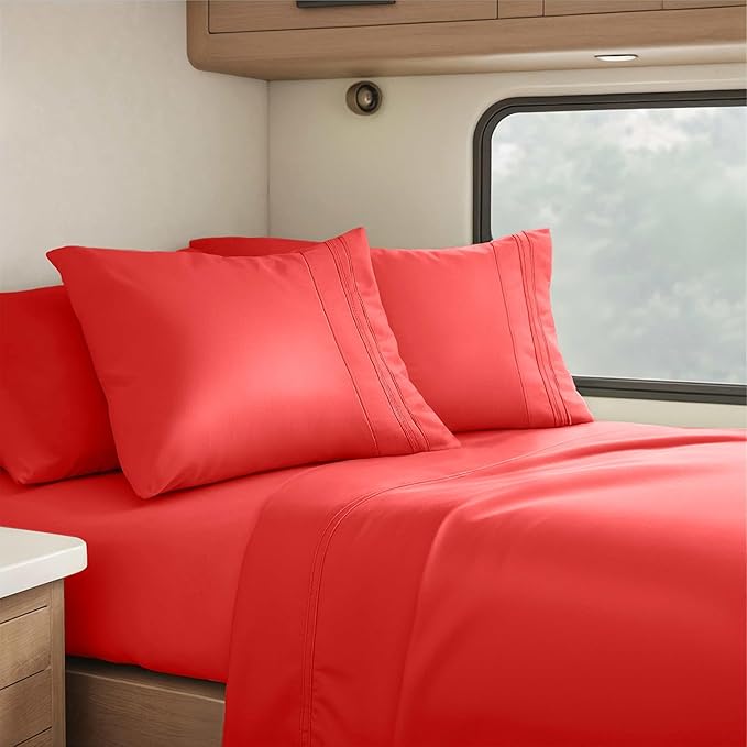 Hearth & Harbor Short Queen Sheets for RV, Red RV Queen Sheets, Silky Soft 1800 Microfiber Bed Sheet for Camper, 4 Piece RV Bedding with Pillowcases