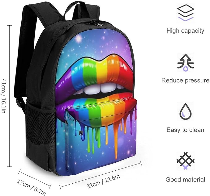 Polyester Daypack Bookbag for Gym Business Bicycle, Large Capacity Multipurpose Anti-Theft Carry On Bag, Lgbt Gay Homosexual Lesbian Rainbow Lips Travel Hiking Daypack