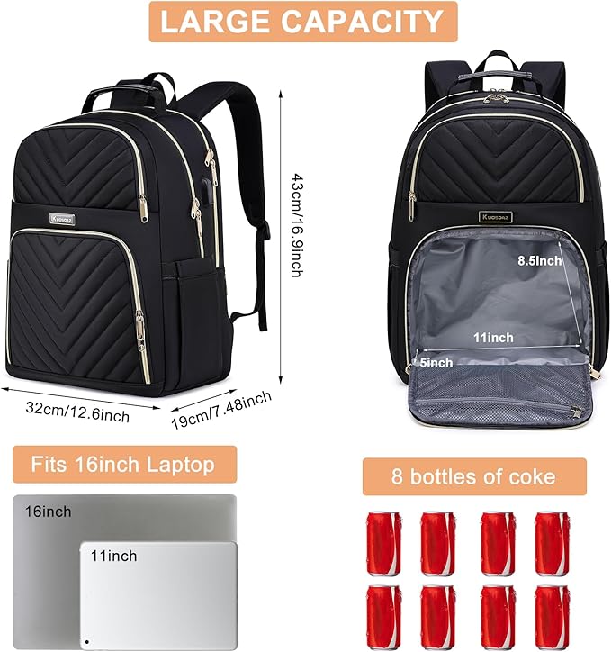 Lunch Backpack for Women, Water Resistant Insulated Cooler Lunch Bag, 15.6 inch Laptop Backpacks with USB Port, Picnic Backpack with Lunch Box for College Work Camping Beaches, Black