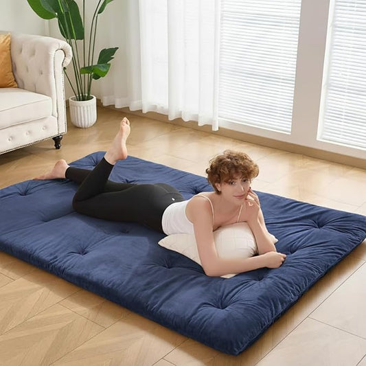 Japanese Floor Futon Mattress Queen Size 60"x 80", 2.5'' Thick Foldable Roll Up Floor Bed Sleeping Pad, 25D Foam Filled Tatami Mat with Straps for Guest Room, Dormitory & Camping, Blue