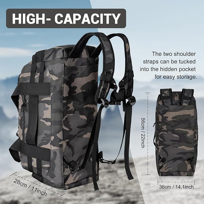 35L Large Duffle Bag, 3-in-1 Tactical Backpack MOLLE Pack for Sports/Gym/Outdoor, Black Camo