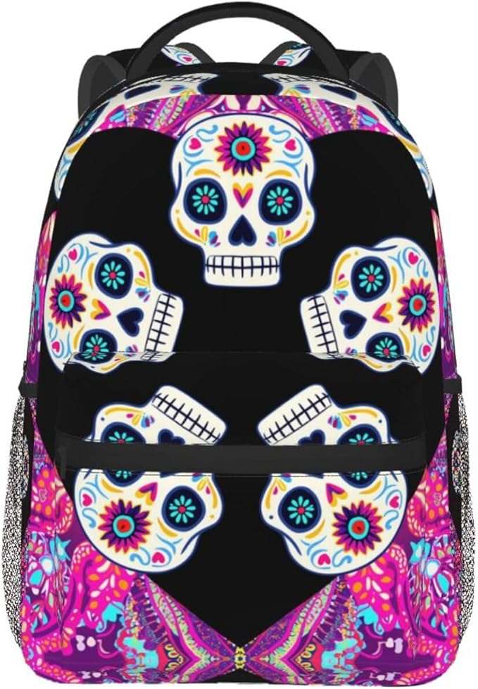 Men Women Lightweight Dead Sugar Skull Flowers Art Backpack Large Capacity Bookbag With Smooth Zippers for Gym Business Running
