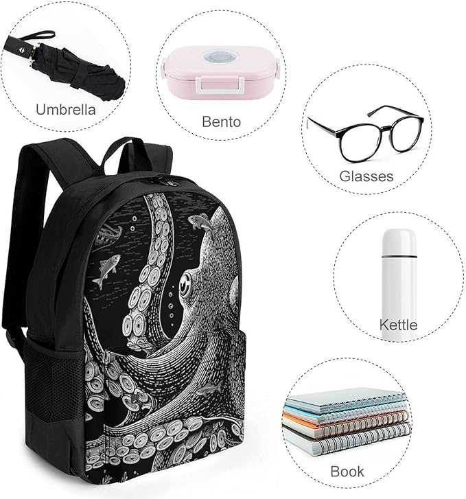 Supdreamc Lightweight Daypack Backpack for Sports Travel Running, Large Capacity Multipurpose Anti-Theft Bookbag, Giant Squid Octopus Art Laptop Backpack Daypack