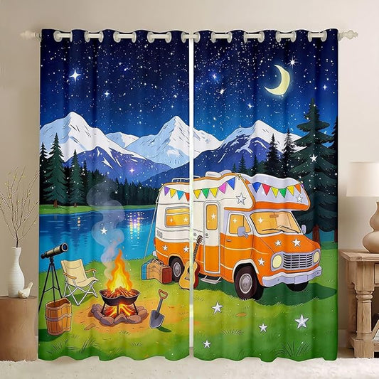 jejeloiu Cartoon Camping Car Curtains for Bedroom Room RV Camping Blackout Shades Campfire Room Darkening Curtain Farmhouse Trailers Camper Window Treatments, 2 Panels 42 x 90 Inch Decor