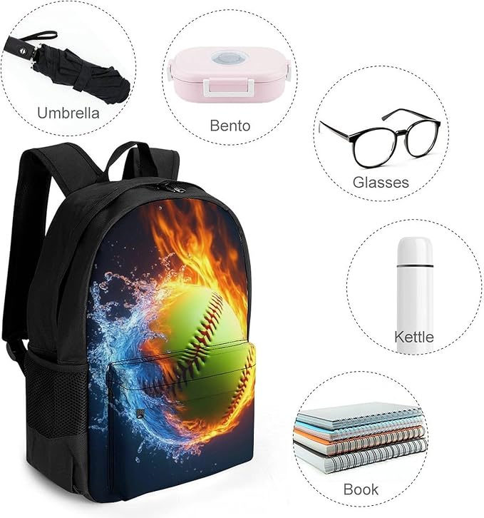 Lightweight Daypack Backpack for Sports Travel Running, Large Capacity Multipurpose Anti-Theft Bookbag, Ice Water Fire Softball Baseball Laptop Backpack Daypack
