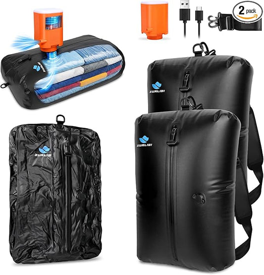 Zurligi Travel Vacuum Bags with Shoulder Strap & Mini Pump – IPX8 Waterproof Vacuum Seal Reusable 39L Carry-On Compression Bags for Clothes, Suitcase & Luggage(2-Pack, Black)