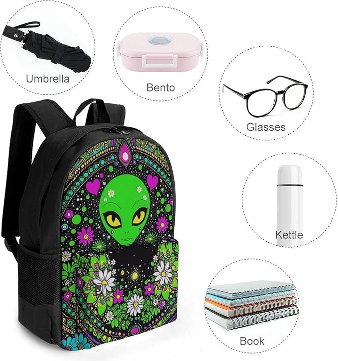 Supdreamc Daypack Polyester Anti-Theft Multipurpose Psychedelic Space Alien Daisy Flowers Art Bookbag Big Capacity Gym Outdoor Hiking Backpack With Adjustable Shoulder Straps
