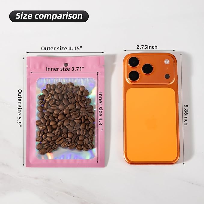 100Pcs Holographic Packaging Bags 4x6 Inch Resealable Foil Mylar Bags for Small Business Party Favor Pouch Packaging and Sample Storage (Pink)