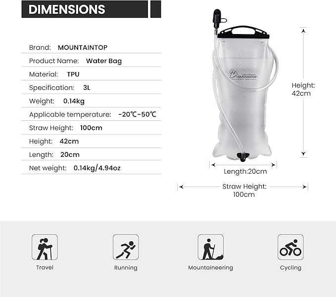 MOUNTAINTOP Hydration Bladder 3L Outdoor Hydration System for Backpack Water Reservoir for Biking Hiking Running Camping Climbing