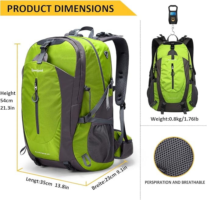 SPEEDPARK Hiking Backpack 40L Waterproof Hiking Daypack with Rain Cover, Outdoor Trekking Travel Backpacks for Men Women
