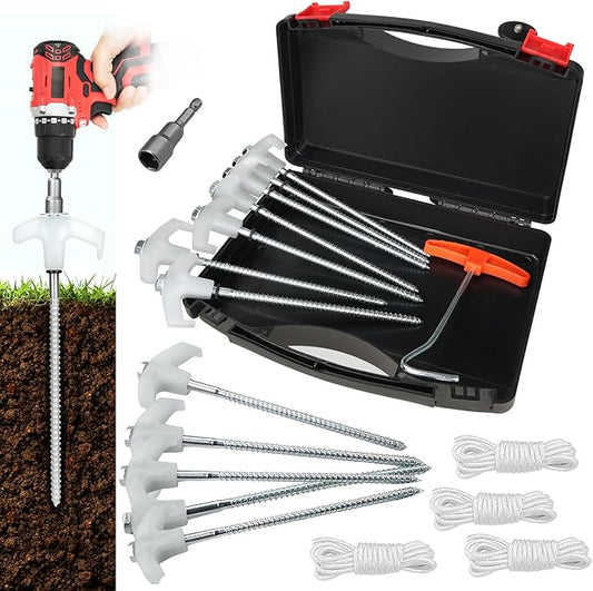 12 Pack Tent Stakes, 8" Ground Anchors Screw Drill in Heavy Duty Ground Pegs Camping Stakes Tent Pegs with Hex Head Driver, Spikes Puller, 4x10ft Rope and Storage Box