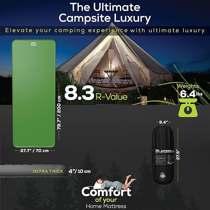 Gear Doctors Artemis 8.3 R-Value Self Inflating Sleeping Pad Camping—Air Mattress Camping—Mattress Pad 4 Season 3D Air Foam 4" Thick Insulated Inflatable Foam Sleeping Mat for Luxury Camp/Car/Cot/Tent
