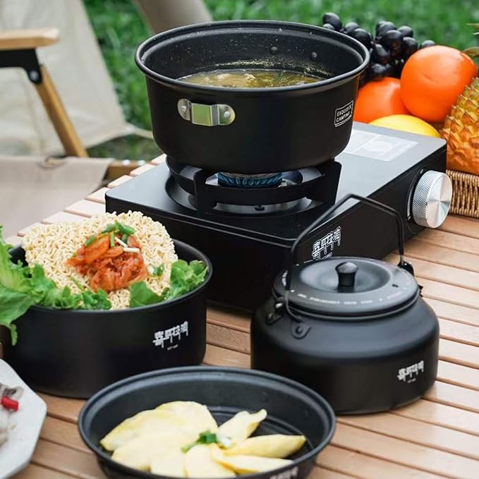 Himalaya 4 Pcs Portable Camping Cookware Mess Kit with Lightweight Pots Pans Kettle Carry Mesh Bag Cleaning Sponge for Kitchen Stove Outdoor Backpacking Hiking Family Picnic Outdoor