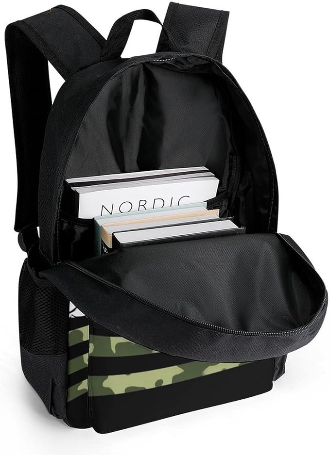 Men Women Lightweight Bass Fishing Hunting Camo Camouflage American Flag-4 Casual Daypack Big Capacity Bookbag With Padded Straps for Gym Travel Walking Cycling