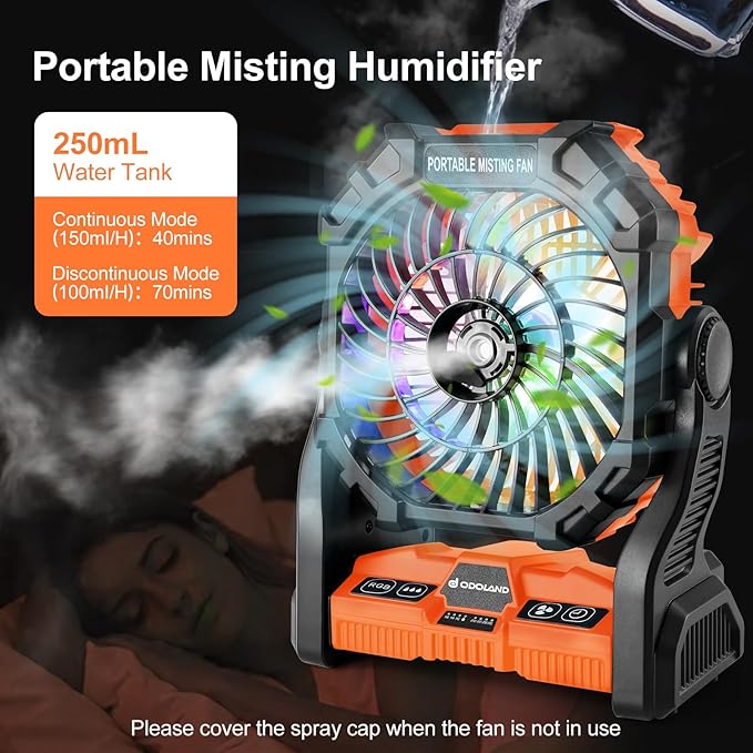 Odoland 20000mAh Camping Fan, Portable Misting Fan with Light, Battery Operated Rechargeable Mister Tent Fans with Hook & 250mL Water Tank, Cooling Mist for Outdoor Beach Patios RV Car Summer