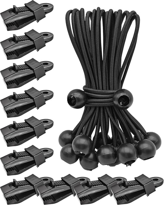Tarp Clips Lock Grip, 20 Pack Tarp Clamps Heavy Duty and Ball Bungee Cords Set, Tent Clips with 6 Inch Bungie Cord Balls for Awnings Camping, Patio Umbrellas, Pool Awning Cover