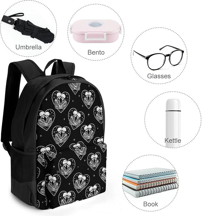 Supdreamc Men Women Lightweight Black White Love Kiss Skull Skeleton Casual Daypack Big Capacity Bookbag With Padded Straps for Gym Travel Walking Cycling