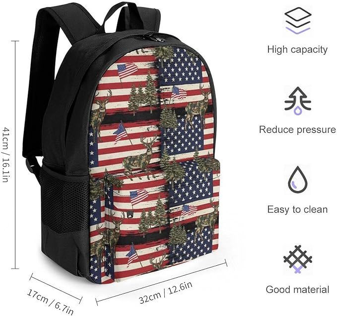 Men Women Polyester Hunting Camo Camouflage Deer American Flag Daypack Big Capacity Shoulder Bag With Adjustable Shoulder Straps for Camping Travel Walking Cycling