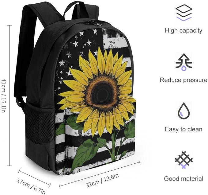 Supdreamc Lightweight Daypack for Camping Business Walking Cycling, Large Capacity Anti-Theft Multipurpose Bookbag, American Thin Black Line Flag Sunflower Art Gym Outdoor Hiking Backpack