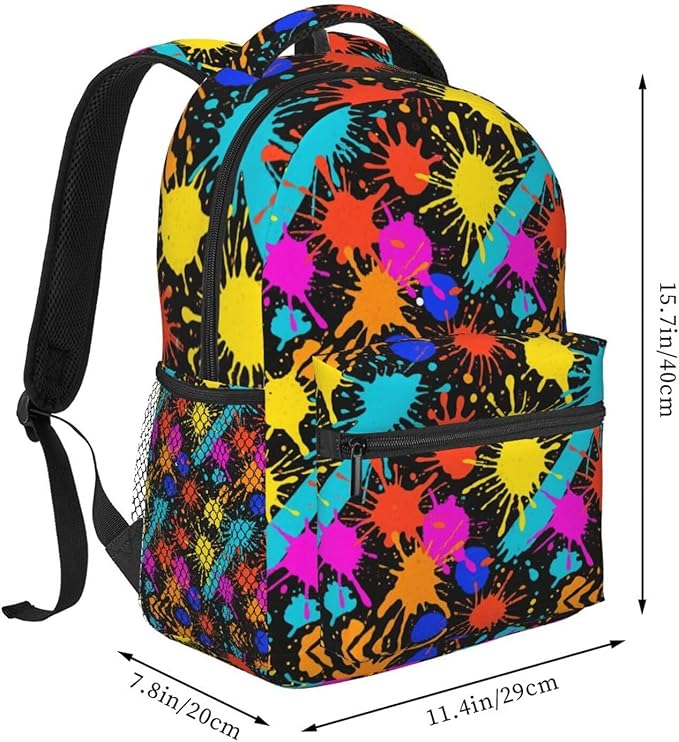 Men Women Lightweight Colorful Splatter Color Art Daypack Bookbag Big Capacity Carry On Bag With Side Pockets for Camping Travel Bicycle