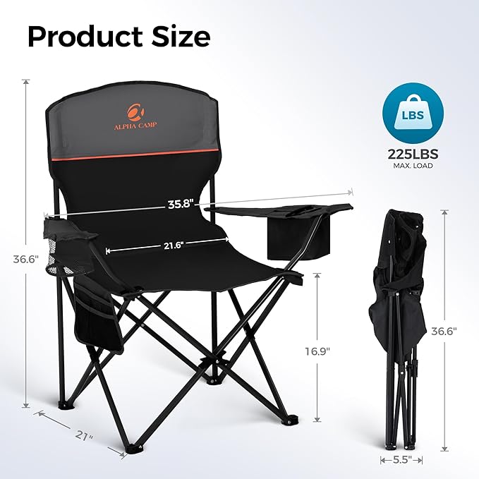 ALPHA CAMP Camping Chair 2 Pack Portable Chair with 3-Can Cooler Folding Chair with Side Pocket and Cup Holder, Collapsible for Camping, Tailgates, Beach, Fishing and Sports,2PC