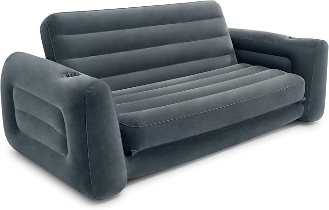 Intex 2 in 1 Inflatable Pull Out Sofa and Queen Size Air Bed Mattress with Cup Holders for Indoor and Outdoor Use for Adults (2 Pack), Charcoal Gray