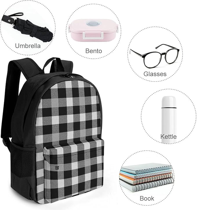 Adults Lightweight Plaid Farmhouse Black Gray Checkered Buffalo Plaid Modern Rustic Rucksacks Large Capacity Bookbag With Adjustable Shoulder Straps for Trekking Outdoors Bicycle