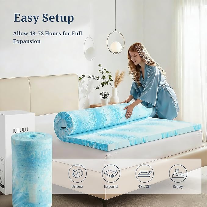 IULULU Queen Size Mattress Topper, 3 Inch Gel Memory Foam Topper, Pressure Relief & Cooling, CertiPUR-US Certified