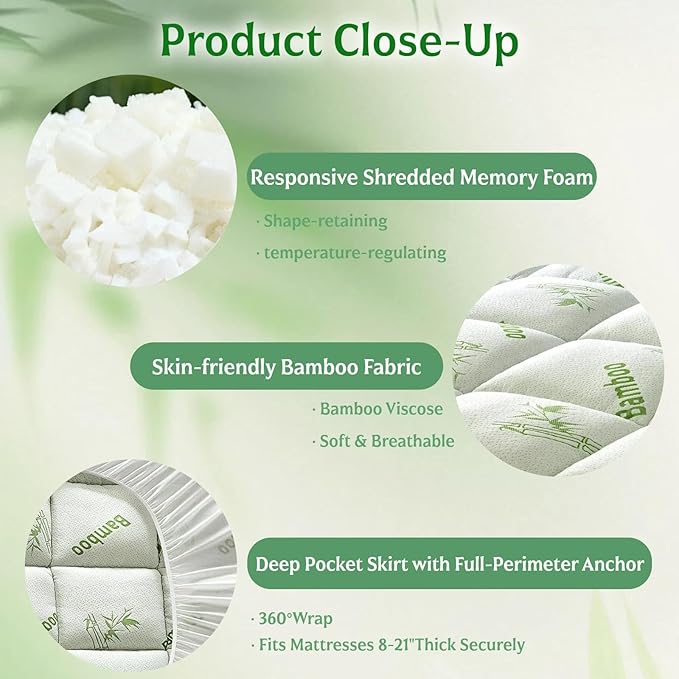 Bamboo Mattress Topper Twin XL Size with Deep Pocket 1700 GSM Cooling Shredded Memory Foam Mattress Pad Rayon Derived from Bamboo, Ideal for Side Sleepers, Back Pain, Hot Sleepers