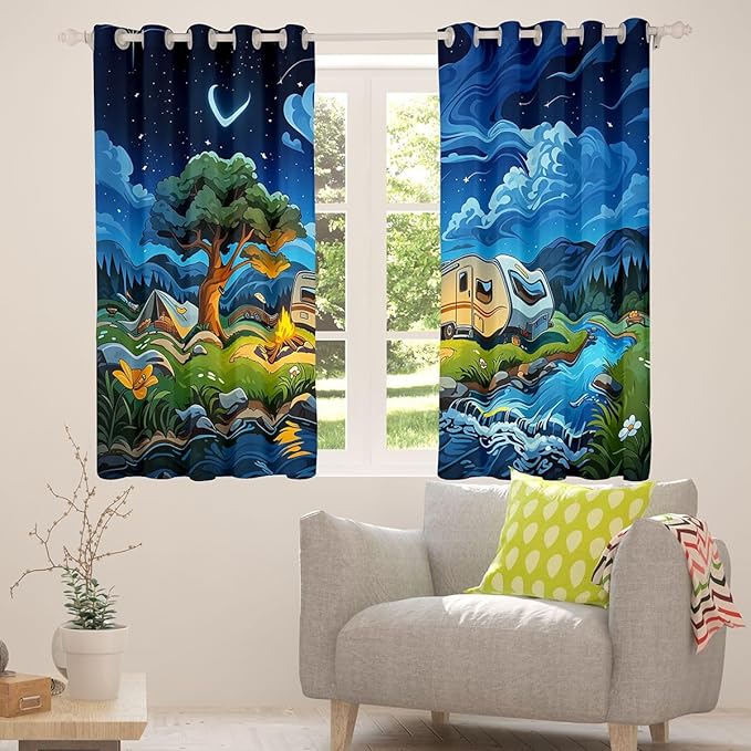 Manfei Happy Camping Blackout Curtains Camper Trailer Bonfire Tent Window Drapes,Adventure Theme Window Treatments,Kids Boys Girls Room Decor,Grommet Top 2 Panel Set Bedroom Curtains, 42Wx90L inch
