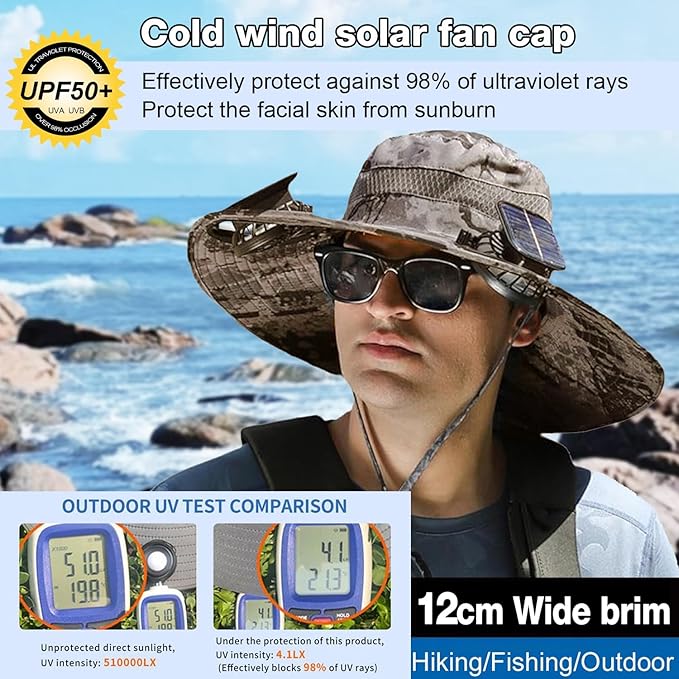 Outdoor Wide Brim Sun Hat with 2 Solar Powered Fan, Bucket Hat for Men Women, Fishing, Gardening & Beach Hat for Men