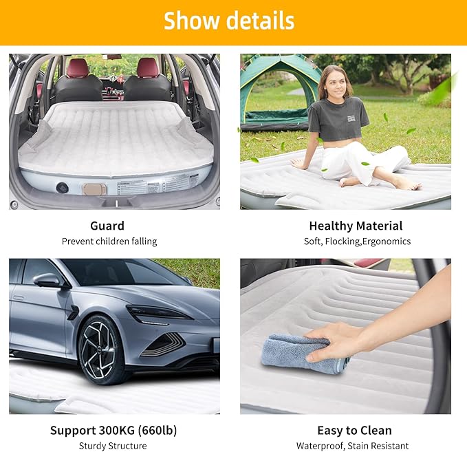 KMZ Portable SUV Air Mattress - Built-in Electric Pump for Fast Inflation - Soft Flocked Surface Car Bed - Ideal for Road Trips & Outdoor Camping - Grey