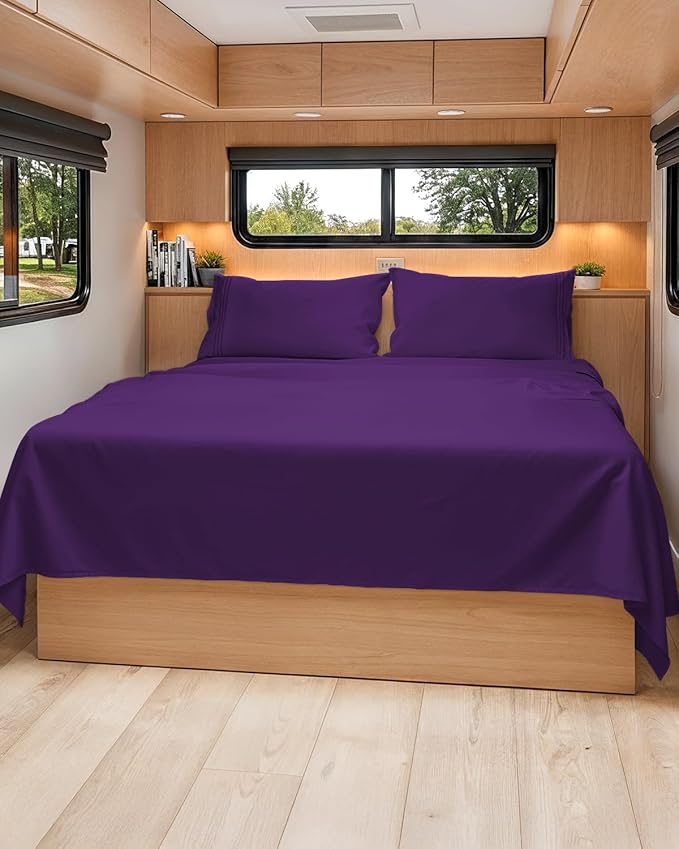 RV Short Queen Sheet Set 60 X 75 - 4 Piece RV Short Queen Bed Sheets - Soft, Breathable & Cooling - Designed for Bunks, Trailers and Campers - Fits 8” to 12" Mattress - Hotel Luxury Bedding - Purple