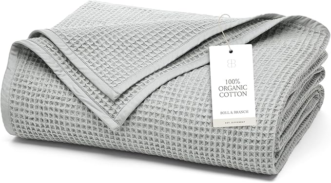 BOLL & BRANCH Waffle Bed Blanket - Full/Queen, Shore - Luxury 100% Organic Cotton - Soft, Lightweight and Breathable - Textured Waffle Weave Design
