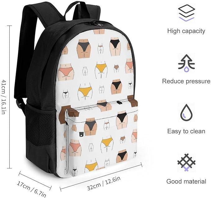 Daypack Anti-Theft Multipurpose Large Capacity Shoulder Bag, Naked Butt Yellow Black White Skintones Funny Travel Hiking Camping Rucksack With Smooth Zippers