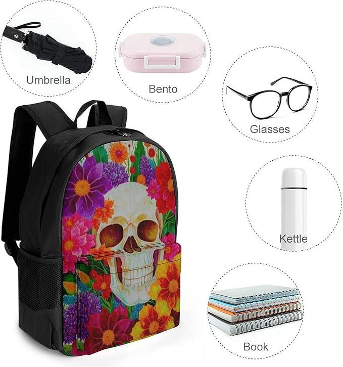 Rucksack Polyester Anti-Theft Multipurpose Colorful Sugar Skull Floral Bookbag Big Capacity Travel and Sport Backpack Rucksack With Side Pockets