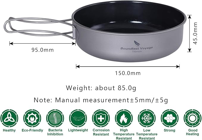 Boundless Voyage Titanium Non-Stick Frying Pan with Folding Handle Non-Stick Ceramic Coating Frypan Cooking Pot for Outdoor Camping Picnic Backpacking