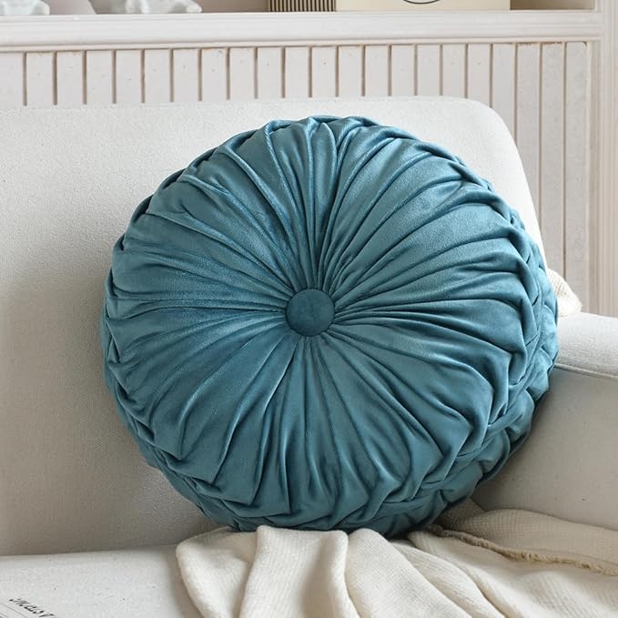 Round Throw Pillow Velvet Home Decoration Pleated Round Pillow Cushion for Couch Chair Bed Car Lake Blue