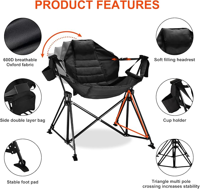 Hammock Camping Chair Folding 350lbs Foldable Portable Rocking Chairs for Adults Outside Swinging Camp with Stand Lawn Garden Hanging Outdoor