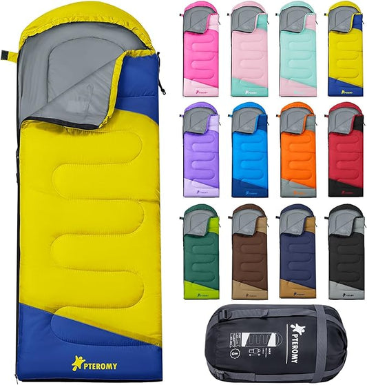 PTEROMY Sleeping Bags for Adults, Lightweight and Machine Washable, Water Resistant Backpacking Camping Sleeping Bag for Warm Cold Weather, Camping Essentials for Hiking Travel